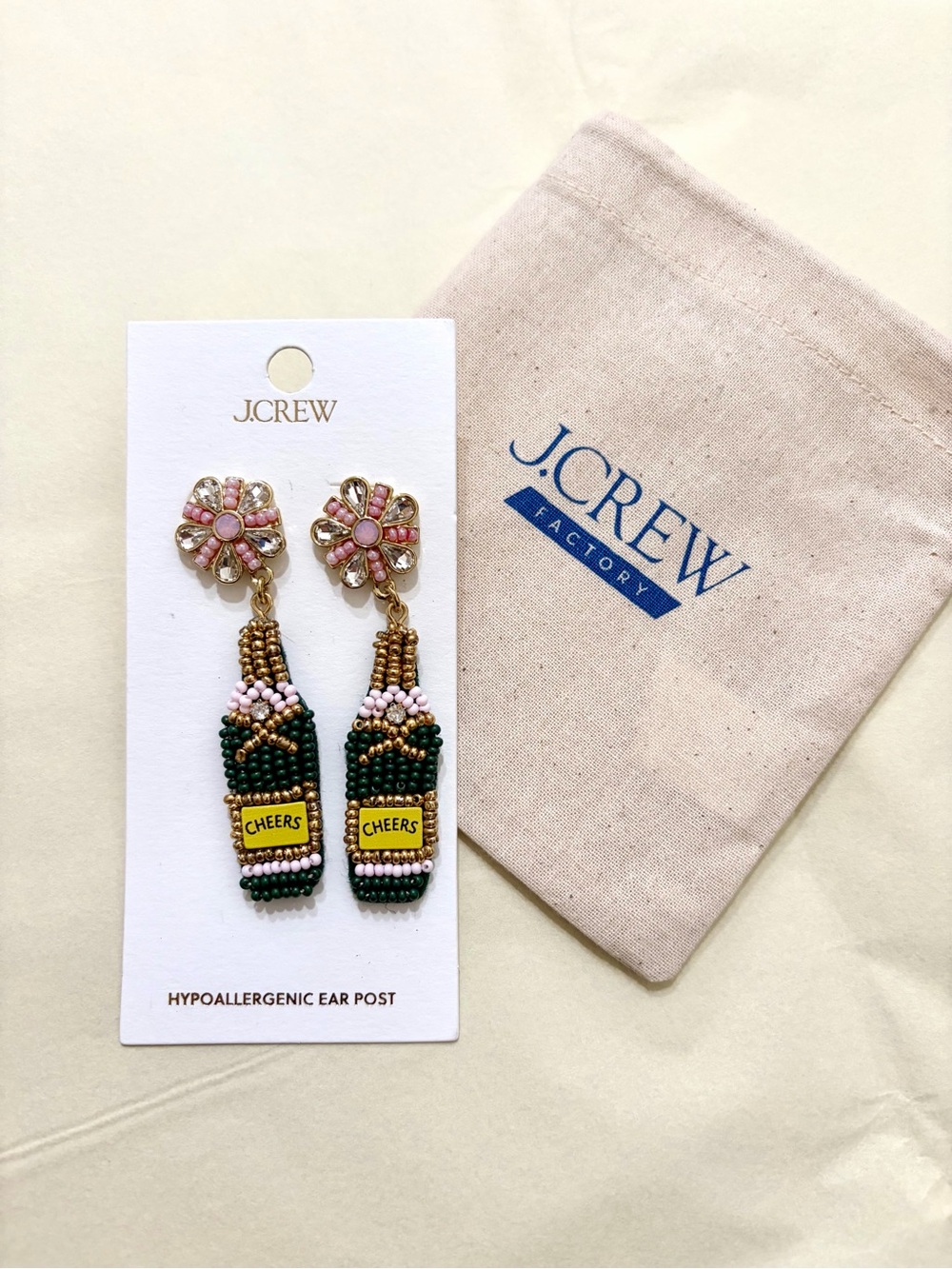 J.Crew Pink and Green Beaded 'Cheers' Bottle Dangle Earrings
